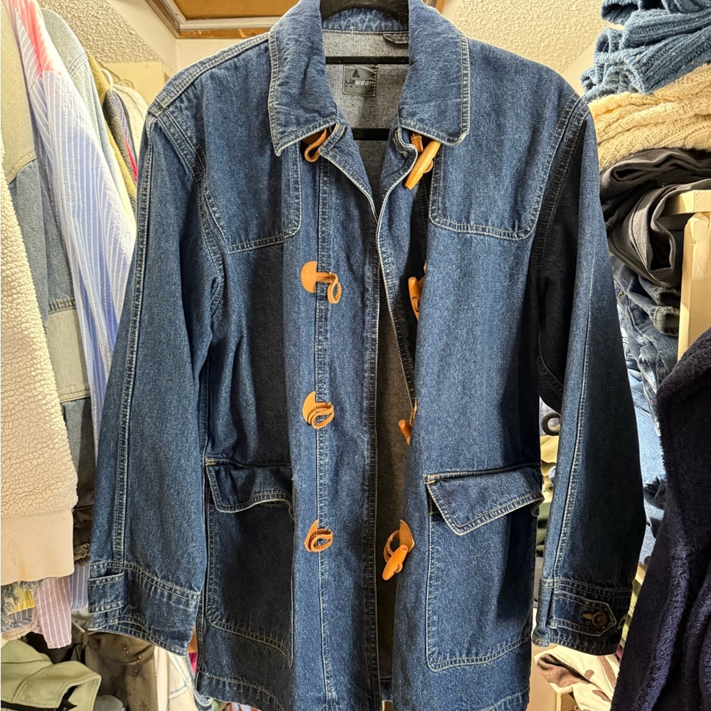 Liz Claiborne Dark Blue Denim Jacket with Tan Toggle Accents